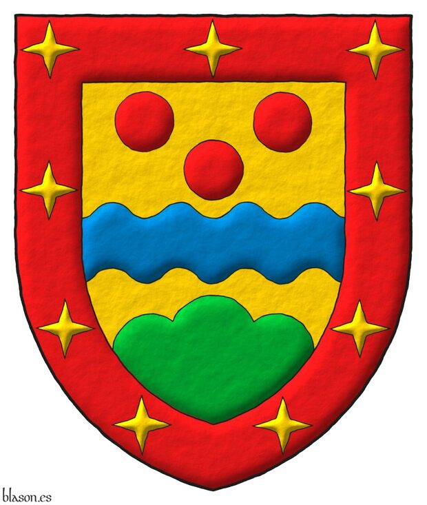 Escudo de oro, una faja ondada de azur acompa�ada, en jefe, de tres roeles de gules y, moviente de la punta, de un monte de tres pe�as de sinople; bordura de gules cargada de nueve luceros de oro.