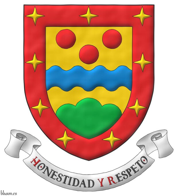 Escudo de oro, una faja ondada de azur acompa�ada, en jefe, de tres roeles de gules y, moviente de la punta, de un monte de tres pe�as de sinople; bordura de gules cargada de nueve luceros de oro. Lema: �Honestidad y Respeto�.