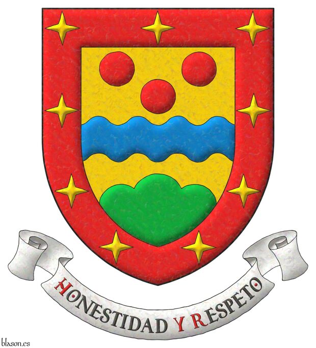 Or, a fess wavy Azure between, in chief three torteaus, and a trimount issuant from the base Vert; within a bordure Gules charged with nine mullets of four points Or. Motto: �Honestidad y Respeto�.