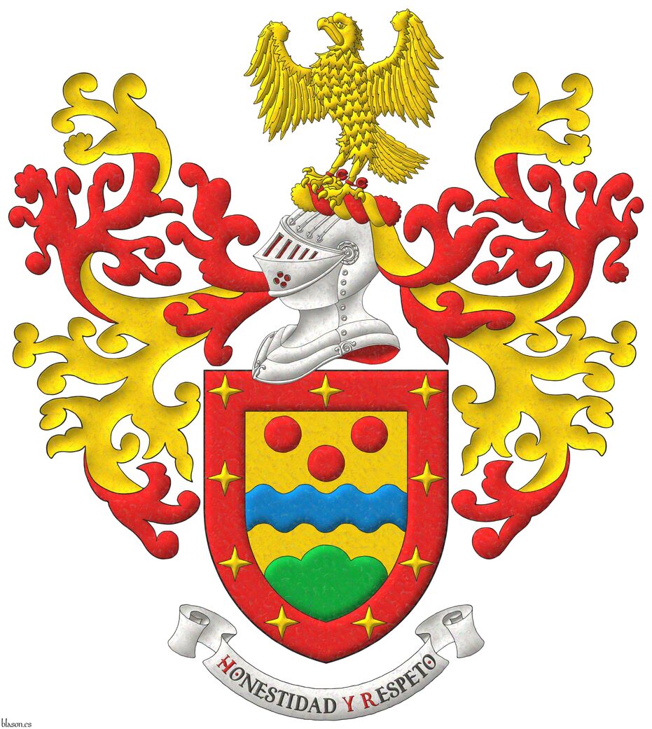 Or, a fess wavy Azure between, in chief three torteaus, and a trimount issuant from the base Vert; within a bordure Gules charged with nine mullets of four points Or. Crest: Upon a helm with wreath Or and Gules, a falcon rising Or, belled Gules. Mantling: Gules doubled Or. Motto: �Honestidad y Respeto�.
