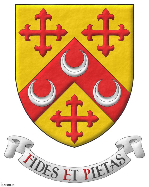 Or, on a chevron, between three crosses flory Gules, three crescents Argent. Motto: Fides et pietas.