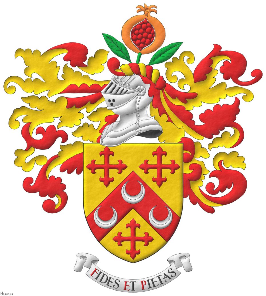 Or, on a chevron, between three crosses flory Gules, three crescents Argent. Crest: Upon a helm, with a wreath Or and Gules, a pomegranate Proper, seeded Gules, slipped and leaved Vert. Mantling: Gules doubled Or. Motto: Fides et pietas.