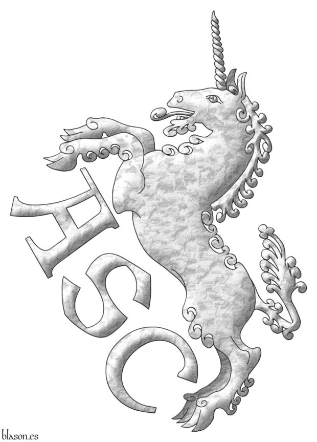 Un unicornio de plata, saltante. Divisa: ASC de sable.