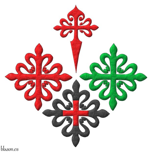 Emblema cuartelado en sotuer: 1o, una cruz de Santiago; 2o, una cruz de Calatrava; 3o, una cruz de Alcntara; 4o, una cruz de Montesa.