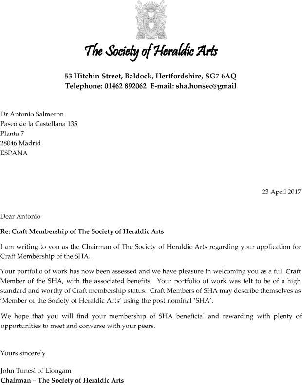 Society of Heraldic Arts, carta de nombramiento como artista herldico