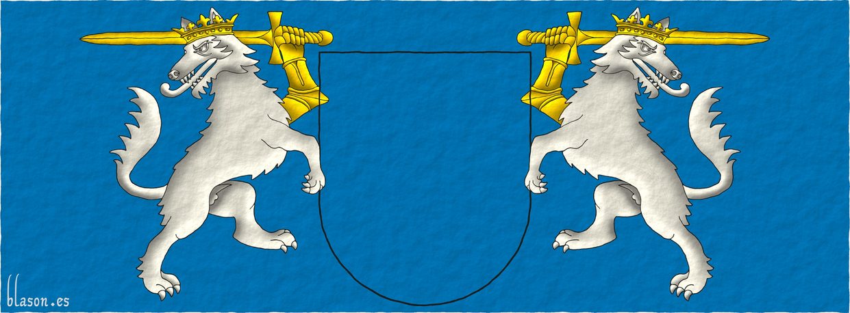 Soportes: Dos lobos rampantes, contornados de plata, coronados, sus brazos diestros armados teniendo, cada uno, una espada todo de oro.