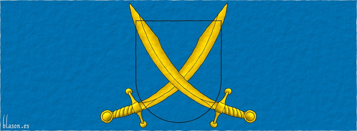 Sostenido por dos cimitarras en sotuer de oro, acoladas detrs del escudo.