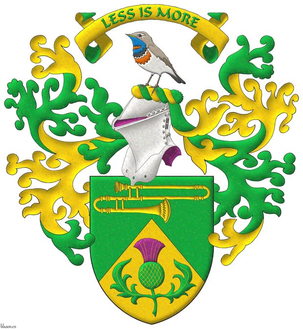 Party per chevron Vert and Or, in chief a sackbut fesswise Or, in base a thistle slipped and leaved proper. Crest: Upon a helm, with a wreath Or and Vert, a bluethroat (Luscinia svecica) proper. Mantling: Vert doubled Or. Motto above the crest: Less Is More.