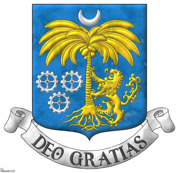Azure, a palm tree eradicated, between in sinister a lion rampant supporting it Or, in dexter three millwheels, 2 and 1, and in chief a crescent Argent. Motto: Deo gratias.