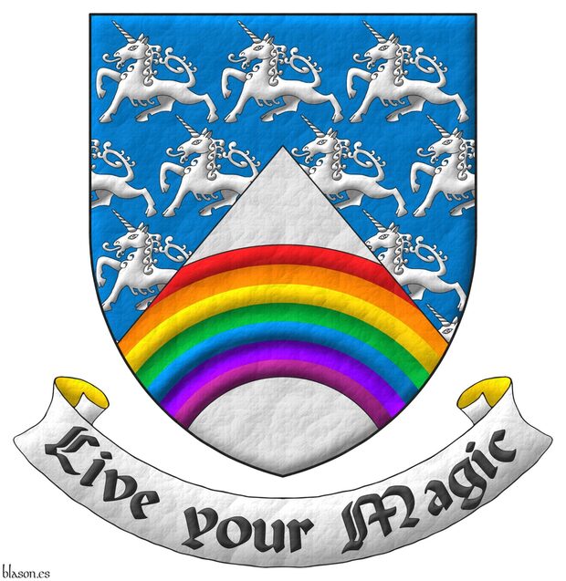 Party per chevron Azure sem of unicorns passant, and Argent, a rainbow throughout proper. Motto: Live your Magic.