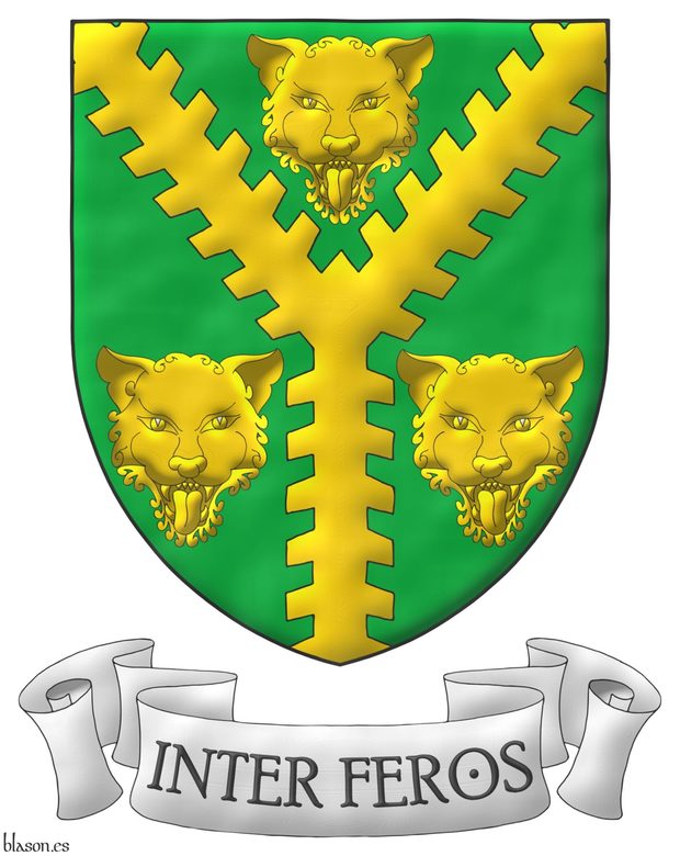 Vert, a pall raguly Or between three leopards' faces Or. Motto: Inter feros in letters Sable within a scroll Argent.