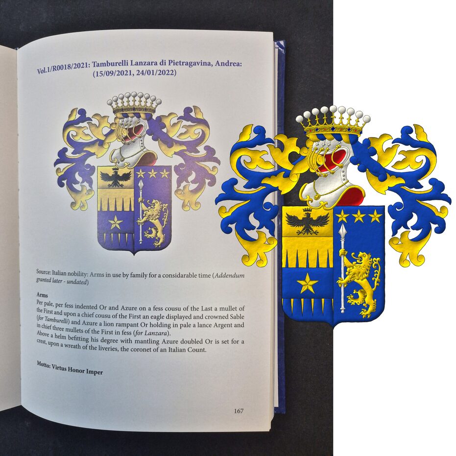 Party per pale: 1 per fess indented perlong Or and Azure overall on a fess Azure a mullet Or, and on a chief cousu Or an eagle displayed, a crown Or above [for Tamburelli]; 2 Azure a lion rampant Or supporting a lance palewise Argent, in chief three mullets Or [for Lanzara]. Crest: Upon a helm, with visor bars Or, lined Gules, with a wreath Or and Azure, a crown of an Italian Count. Mantling: Azure doubled Or.