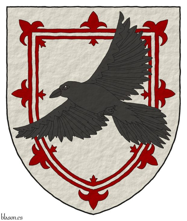 Escudo de plata, un trechor doble flordelisado de sanguneo; sobre el todo, un cuervo (Corvus corax) volando puesto en sotuer al natural.