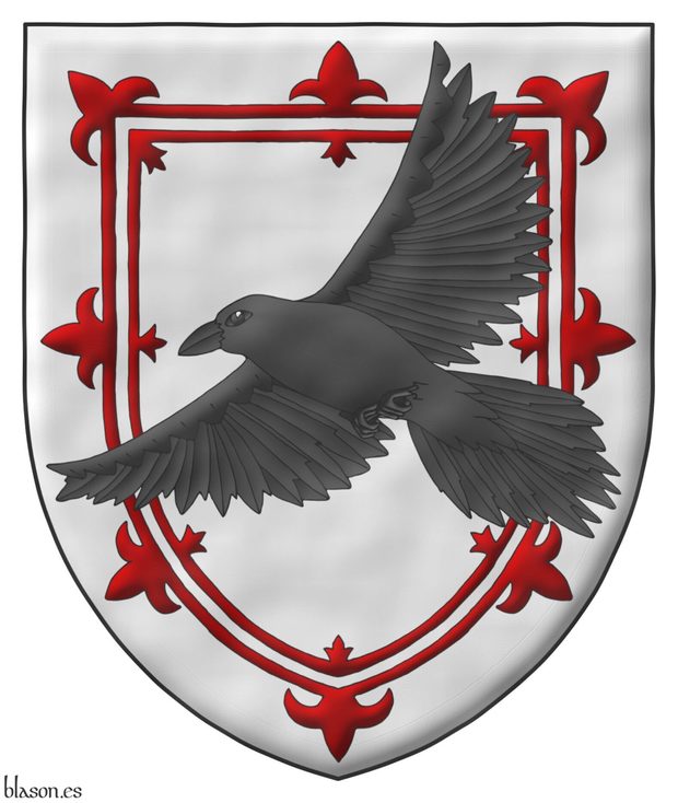 Argent, a double tressure flory Sanguine, overall a raven (Corvus corax) volant saltirewise proper.