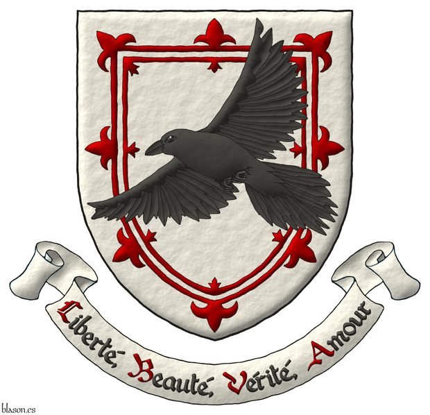 Escudo de plata, un trechor doble flordelisado de sanguneo; sobre el todo, un cuervo (Corvus corax) volando puesto en sotuer al natural. Lema: Libert, Beaut, Vrit, Amour.