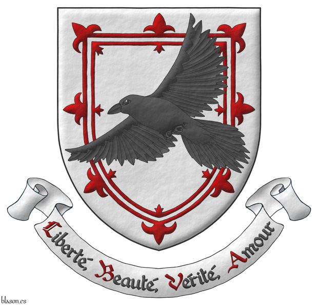 Argent, a double tressure flory Sanguine, overall a raven (Corvus corax) volant saltirewise proper. Motto: Libert, Beaut, Vrit, Amour.