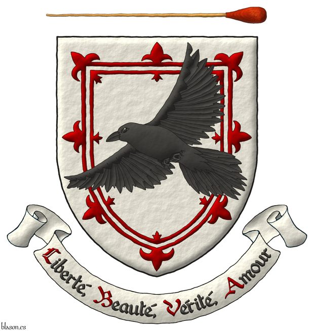 Escudo de plata, un trechor doble flordelisado de sanguneo; sobre el todo, un cuervo (Corvus corax) volando puesto en sotuer al natural. Cimado por una batuta puesta en faja al natural. Lema: Libert, Beaut, Vrit, Amour.