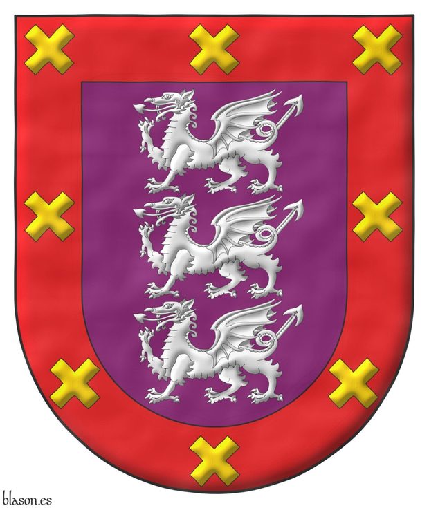 Purpure, three dragons passant, in pale Argent; a bordure Gules, eight saltires couped Or.