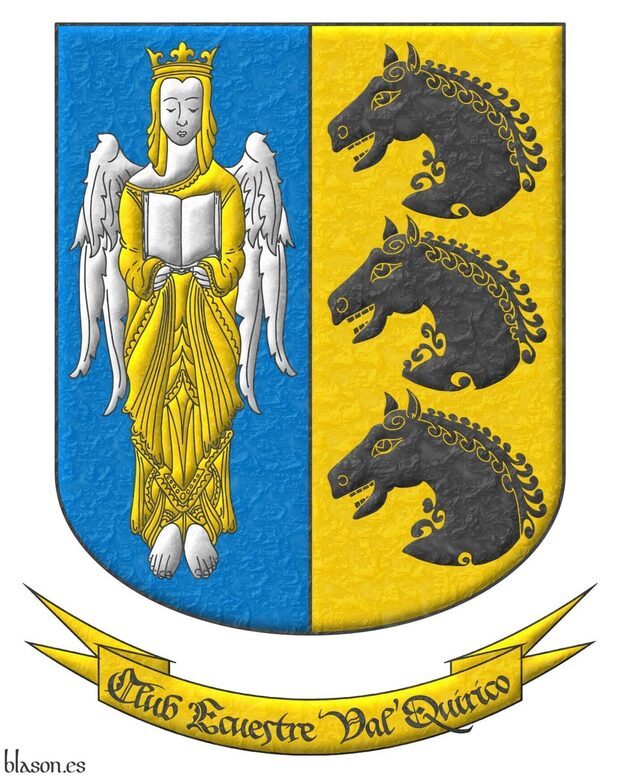 Party per pale: 1 Azure, an angel Argent, crowned, crined and vested Or holding an open book Argent; 2 Or, three horses' heads couped, in pale Sable. Motto Club Ecuestre ValQuirico.
