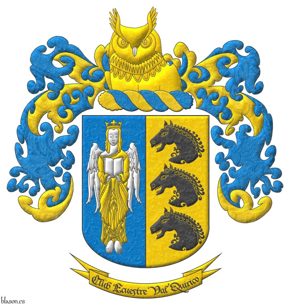 Party per pale: 1 Azure, an angel Argent, crowned, crined and vested Or holding an open book Argent; 2 Or, three horses' heads couped, in pale Sable. Crest: Upon a wreath Or and Azur, an owl's head couped at the shoulders Or, beaked Argent. Mantling: Azur doubled Or.. Motto Club Ecuestre ValQuirico.