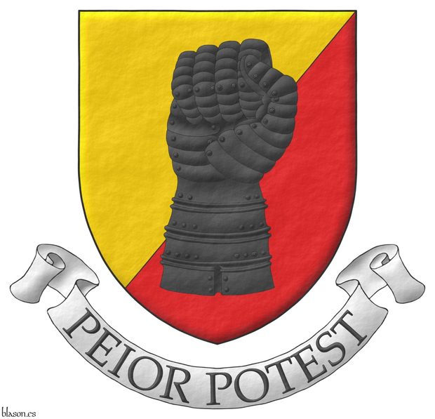 Party per bend sinister Or and Gules, a clenched gauntlet Sable. Motto: Peior potest.