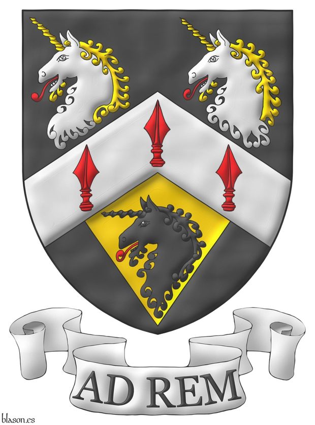 Sable, on a chevron Argent three spears' heads Gules, in chief two unicorns' heads erased Argent, horned and crined Or, langued Gules, in base on a pile of the last issuant from the chevron a unicorn head erased Sable, langued Gules. Motto: Ad rem.