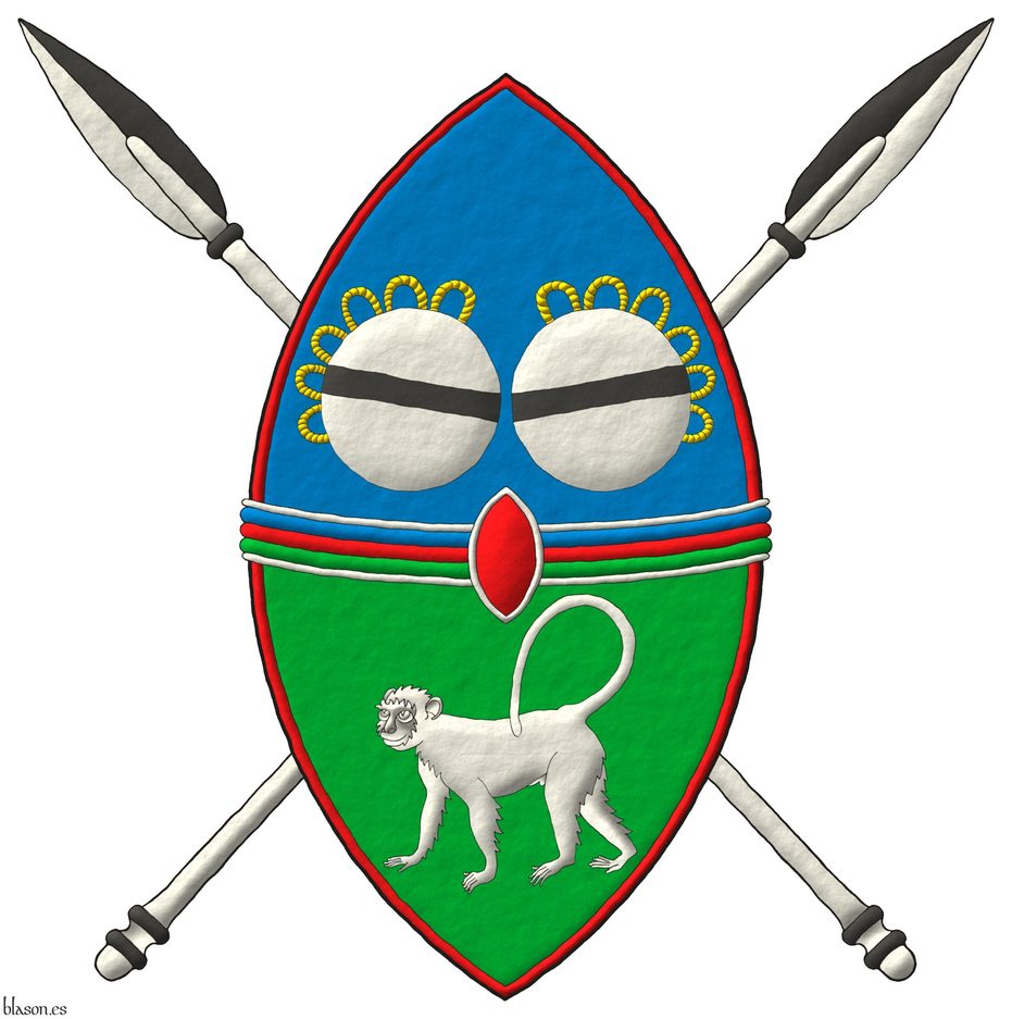 Escudo cortado, perfilado de gules: 1o de azur, dos tambores reales en faja de plata, cordados de oro, cargados cada uno con una burela de sable; 2o de sinople, un mono parado de plata; brochante sobre la partici�n una faja terciada en faja de azur, gules y sinople, perfilada de plata; brochante sobre el todo un escus�n de gules, perfilado de plata. Sostenido por dos lanzas reales en sotuer, la diestra partida de plata y sable, la siniestra partida de sable y plata, ambas fustadas de plata.