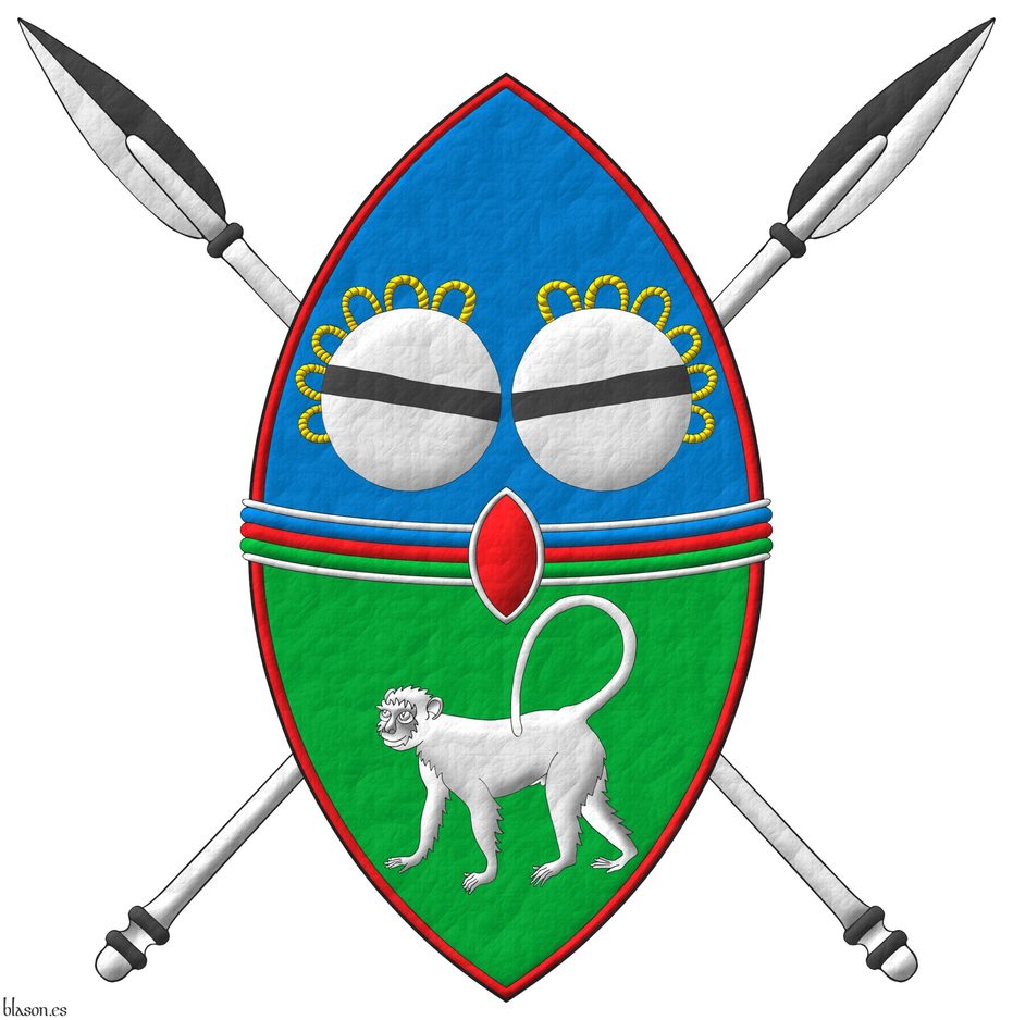 Party per fess, fimbriated Gules: 1<sup>st</sup> Azure, two royal drums in fess Argent, stringed Or, each charged with a bar Sable; 2<sup>nd</sup> Vert, a monkey statant Argent; overall a fess tierced per fess Azure, Gules, and Vert, fimbriated Argent; overall an inescutcheon Gules, fimbriated Argent. Supporters: Two royal spears in saltire, the dexter per pale Argent and Sable, the sinister per pale Sable and Argent, both shafted Argent.