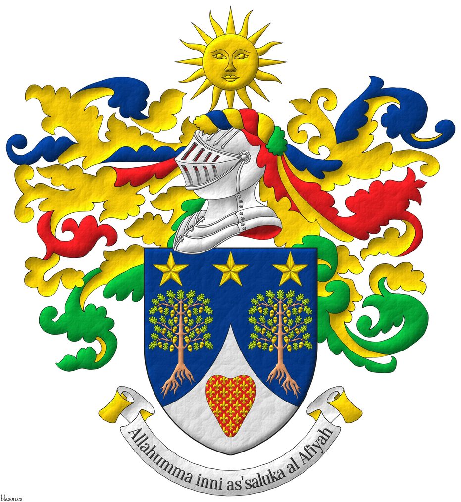 Azure, two oak trees eradicated proper, leaved Vert, fructed Or, in chief three mullets Or; ent en point Argent, a heart Gules sem of fleurs de lis Or. Crest: Upon a helm, with a wreath Or, Azure, Gules, and Vert, a sun in splendour Or. Mantling: Azure, Gules, and Vert doubled Or. Motto: Allahumma inni as'saluka al Afiyah Sable over a scroll Argent doubled Or.