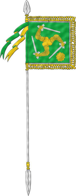 Bandera de sinople, 3 brazos diestros, armados de oro, unidos por sus hombros en el centro, los codos doblados, teniendo 3 espadas de plata, dispuestas en triángulo y, en el cantón siniestro de la punta, una rosa de oro.