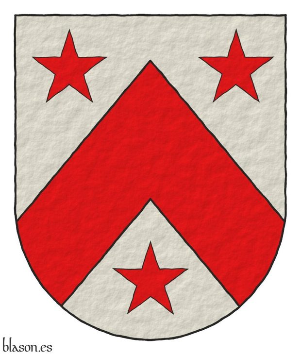 Argent, a chevron Gules, between three mullets Gules.