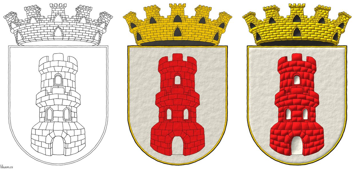 Escudo de plata, una torre donjonada de gules, aclarada de plata. Timbrado de una corona mural de oro.