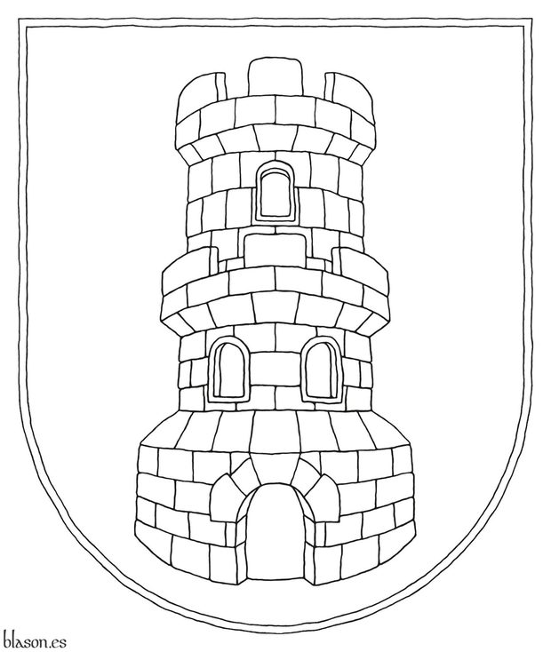 Escudo de plata, una torre donjonada de gules, aclarada de plata.