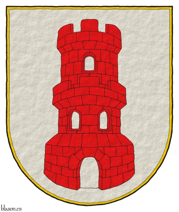 Escudo de plata, una torre donjonada de gules, aclarada de plata.