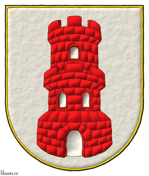 Escudo de plata, una torre donjonada de gules, aclarada de plata.