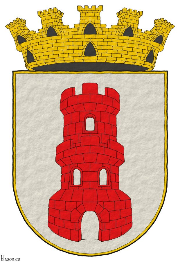 Escudo de plata, una torre donjonada de gules, aclarada de plata. Timbrado de una corona mural de oro.