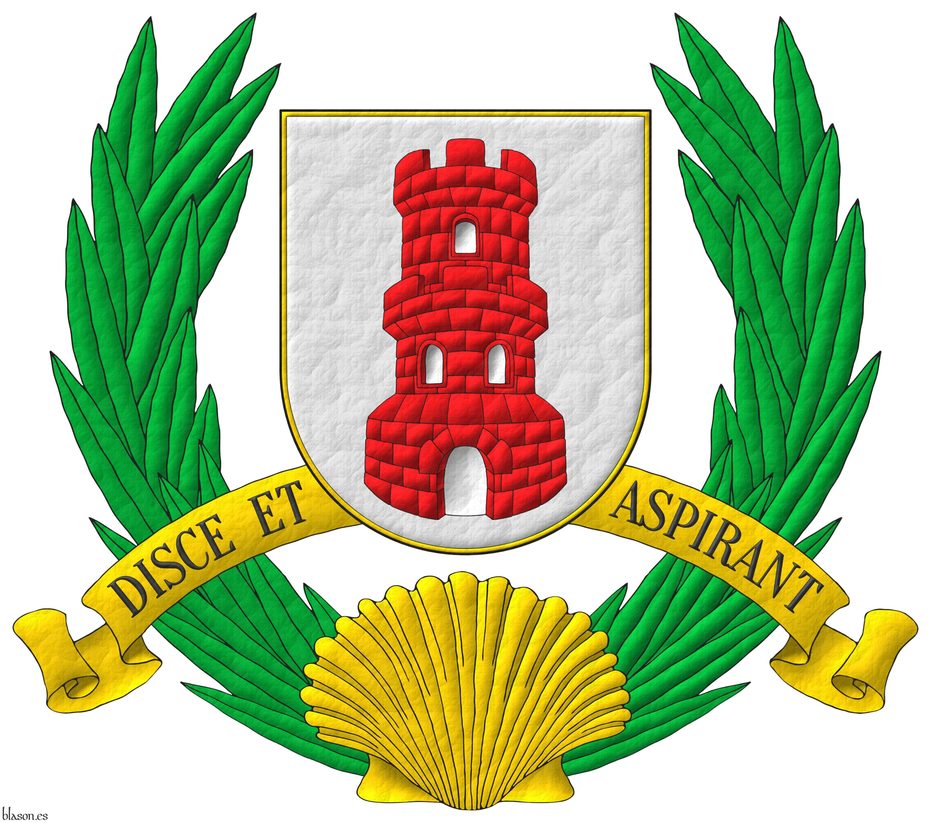 Argent, a tower with a turret Gules, port and windows Argent. Supporters: Two palm fronds Vert issuant from an escallop reversed Or. Motto: �Disce et Aspirant� Sable over a scroll Or.
