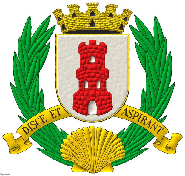 Escudo de plata, una torre donjonada de gules, aclarada de plata. Timbrado de una corona mural de oro. Sostenido por dos palmas de sinople nacientes de una venera ranversada de oro. Lema: �Disce et Aspirant� de sable sobre una filacteria de oro.