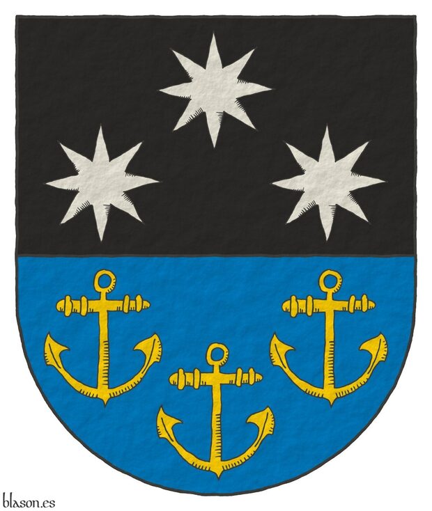 Party per fess: 1 Sable, three mullets of eight points Argent, 1 and 2; 2 Azure, three anchors Or, 2 and 1.