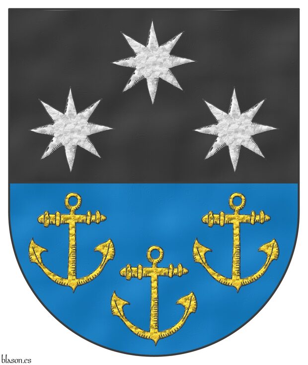 Party per fess: 1 Sable, three mullets of eight points Argent, 1 and 2; 2 Azure, three anchors Or, 2 and 1.