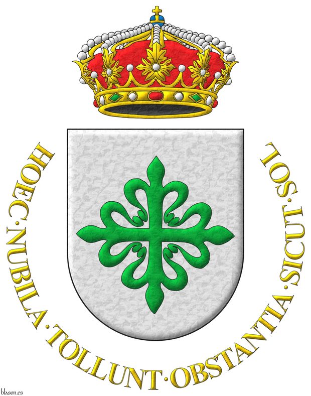 Escudo de plata, una cruz de Alcántara. Timbrado de corona real cerrada. Lema: «Hoec nubila tollunt obstantia sicut sol».