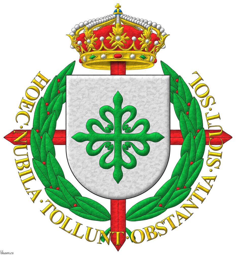 Escudo de plata, una cruz de Alcntara. Timbrado de una corona real cerrada. Acolada detrs del escudo la gran cruz laureada de San Fernando. Lema: Hoec nubila tollunt obstantia sicut sol.