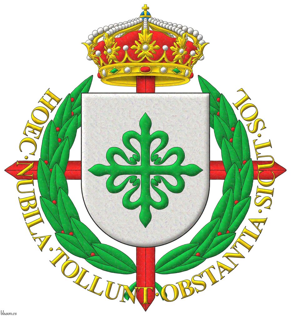 Argent, a cross of Alcantara. Crest: A closed royal crown Or, with eight arches, visible five. Behind the shield the Laureate Grand Cross of Saint Ferdinand. Motto: Hoec nubila tollunt obstantia sicut sol.