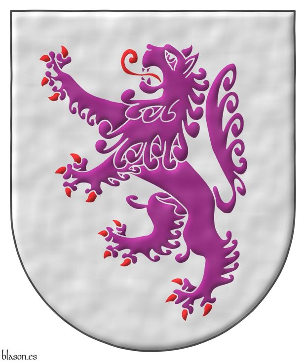 Escudo de plata, un león rampante de púrpura, armado y lampasado de gules.
