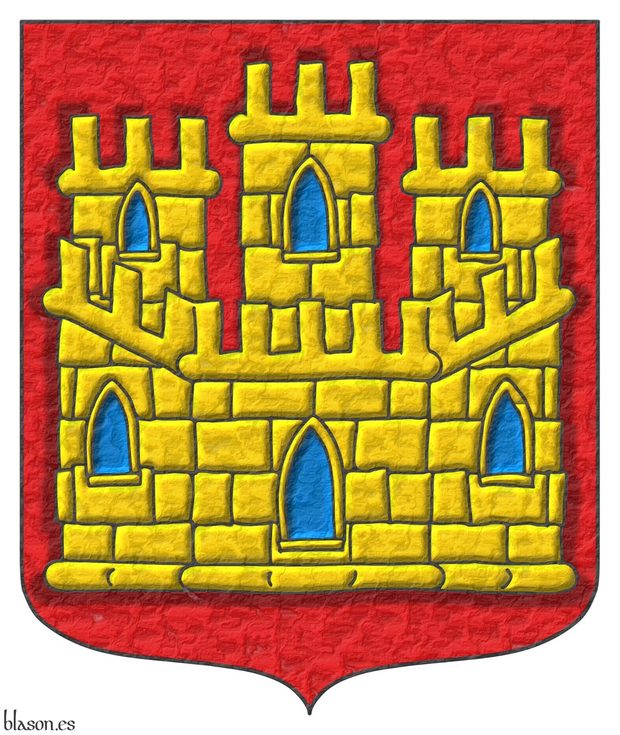 Gules, a castle triple towered Or, port and windows Azure, masoned Sable.