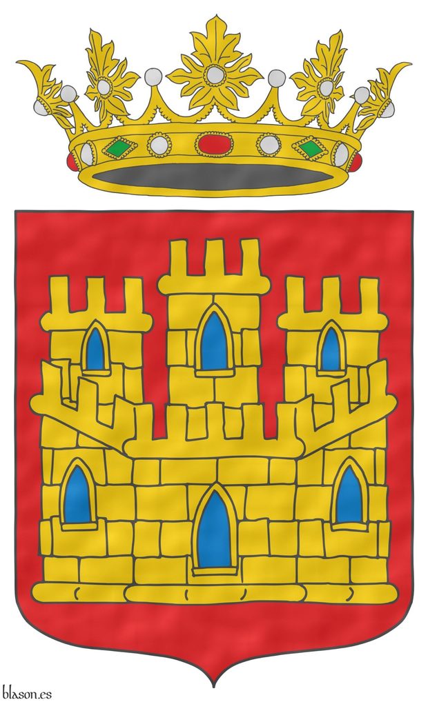 Gules, a castle triple towered Or, port and windows Azure, masoned Sable. Crest: An open royal crown Or.