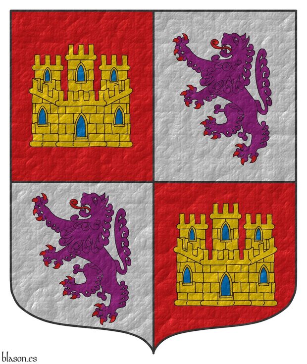 Escudo cuartelado: 1o y 4o de gules, un castillo de oro, aclarado de azur, mazonado de sable; 2o y 3o de plata, un león de púrpura, rampante, armado y lampasado de gules.