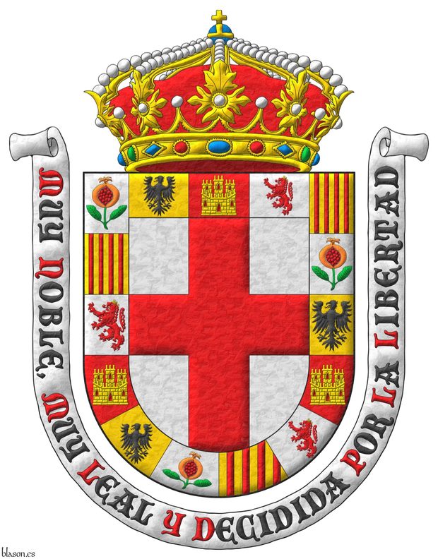 Argent, a cross Gules; a bordure compony of fifteen sections: 1, 6, and 11 Argent, a pomegranate seeded, slipped and leaved proper; 2, 7, and 12 Or, an eagle displayed Sable; 3, 8, and 13 Gules, a castle triple-towered Or, port and windows Gules, masoned Sable; 4, 9, and 14 Argent, a lion rampant Gules, crowned Or; 5, 10, and 15 Or, four pallets Gules. Crest: A closed royal crown. Motto: Muy noble, muy leal y decidida por la libertad Sable, with initial letters Gules, over a scroll Argent.