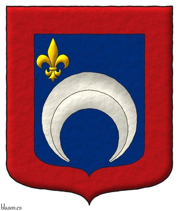 Escudo de azur, un creciente ranversado de plata, en la diestra del jefe una flor de lis de oro, una bordura de gules.