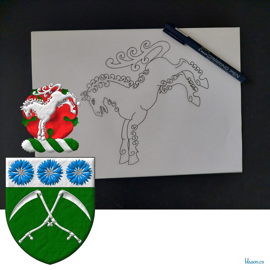 Escudo de sinople, dos guadaas de plata en sotuer; el jefe de plata, tres flores de aciano de azur, botonadas de plata. Timbrado de un burelete de plata y sinople cimado de una rosa de gules, hojada de sinople, resaltada de un caballo coceando de plata.